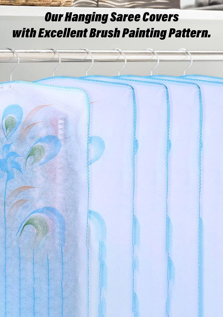 Blue And Transparent Set Of 6 Printed Hanging Saree Covers