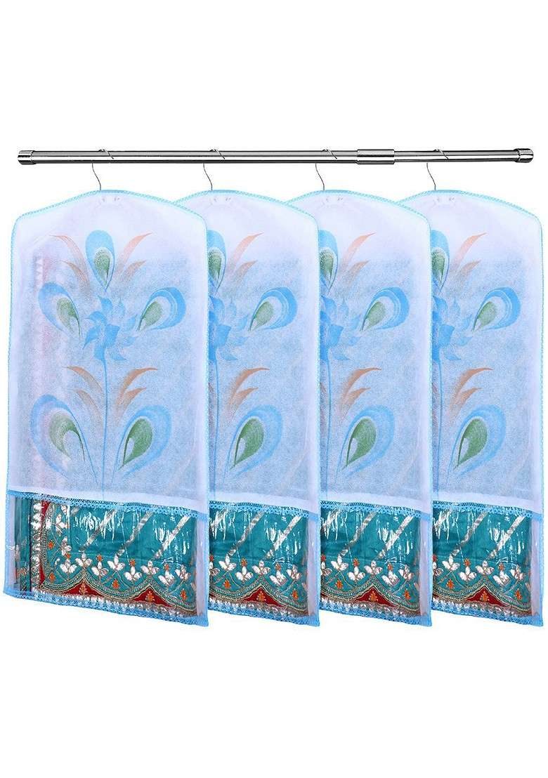 Blue And Transparent Set Of 6 Printed Hanging Saree Covers - Indya