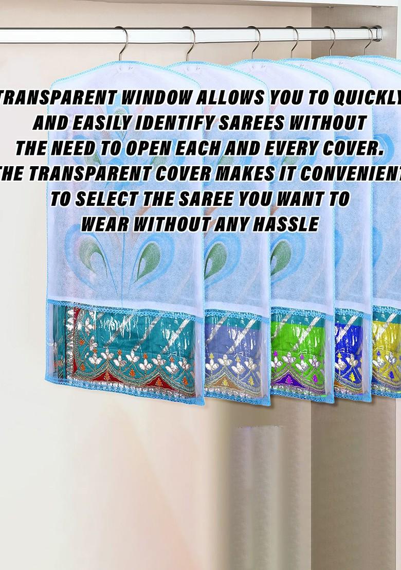 Blue And Transparent Set Of 6 Printed Hanging Saree Covers
