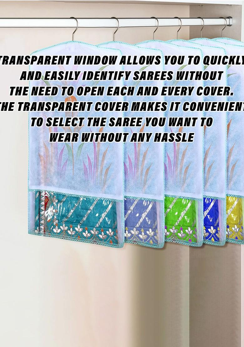 Green And Transparent Set Of 6 Printed Hanging Saree Covers