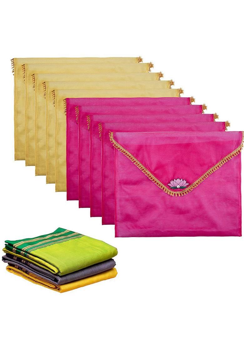 Pink And Gold 10 Pieces Printed Saree Covers Organisers With Flap Closure