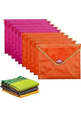 Orange Colored 10 Pieces Printed Organza Saree Covers With Flap Closure