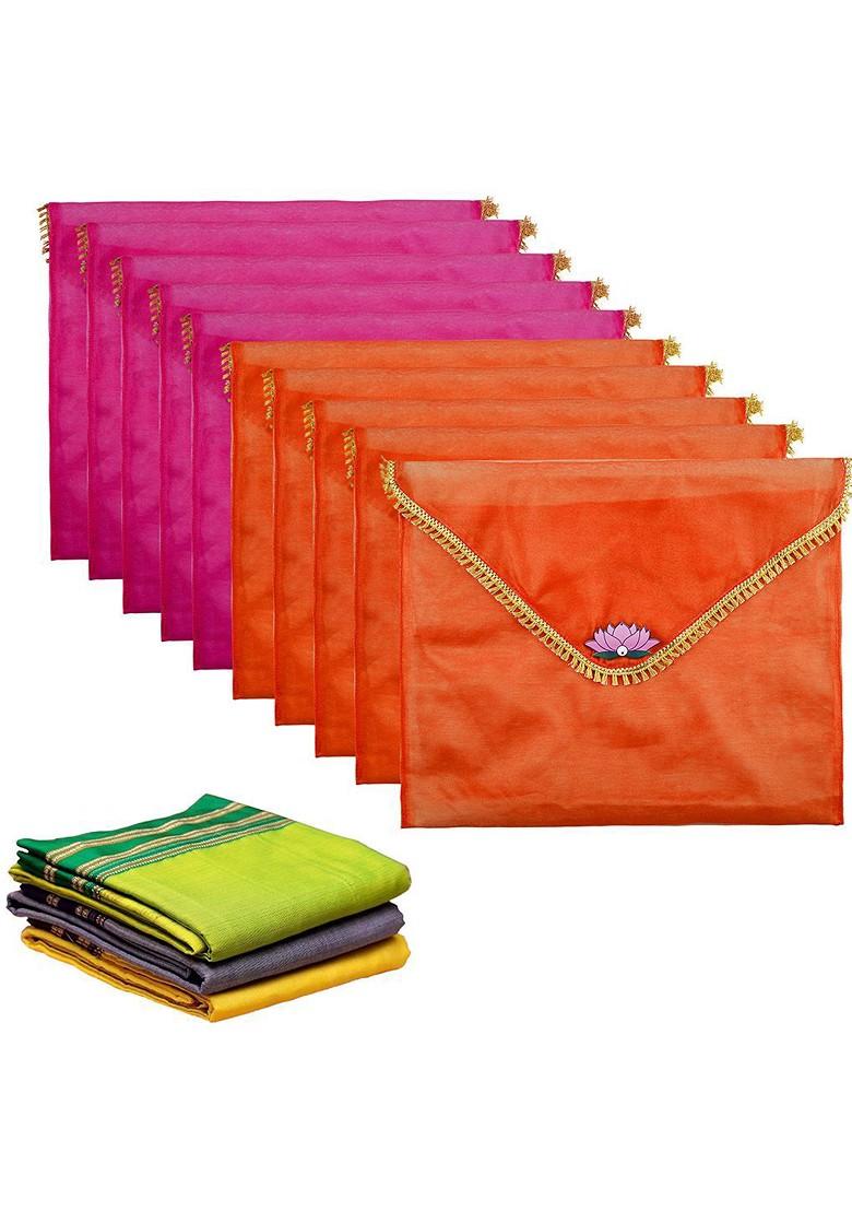 Orange Colored 10 Pieces Printed Organza Saree Covers With Flap Closure