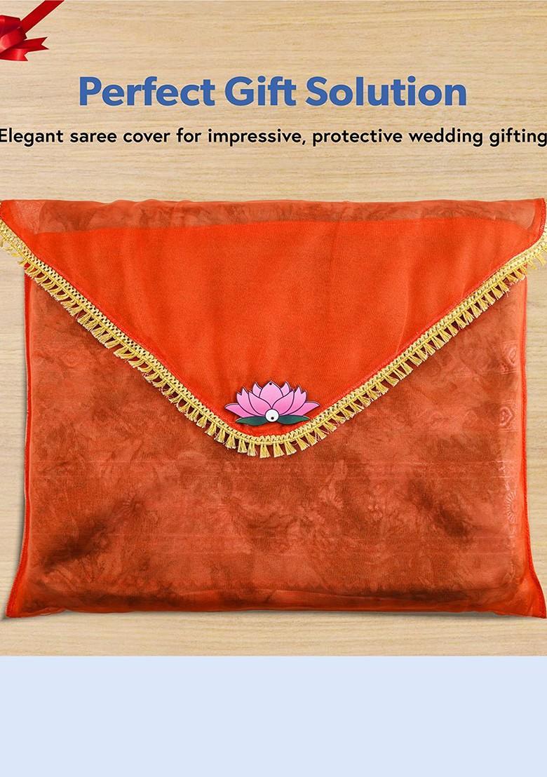 Orange Colored 10 Pieces Printed Organza Saree Covers With Flap Closure