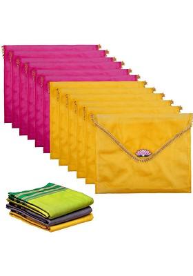Yellow And Pink 12 Pieces Printed Organza Saree Covers With Flap Closure