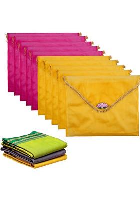 Yellow And Pink 10 Pieces Printed Saree Covers Organisers With Flap Closure
