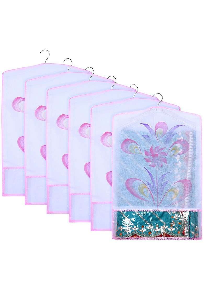 Pink And Transparent Set Of 6 Printed Hanging Saree Covers - Indya