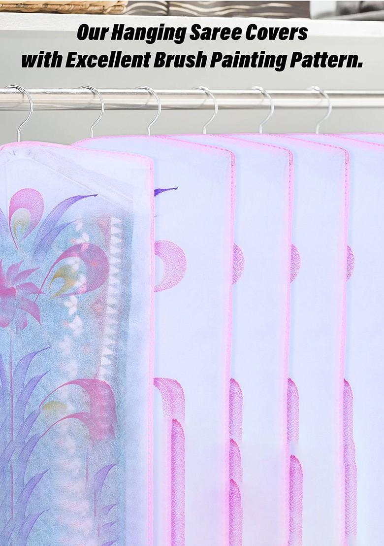 Pink And Transparent Set Of 6 Printed Hanging Saree Covers