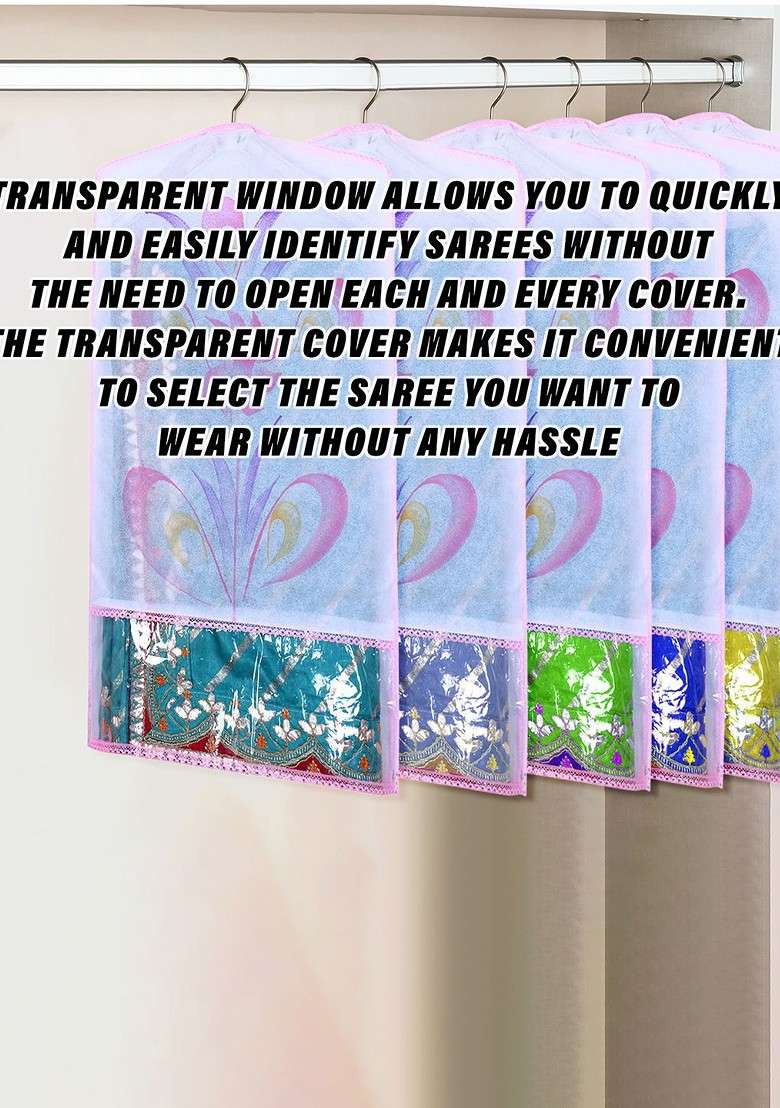 Pink And Transparent Set Of 6 Printed Hanging Saree Covers - Indya