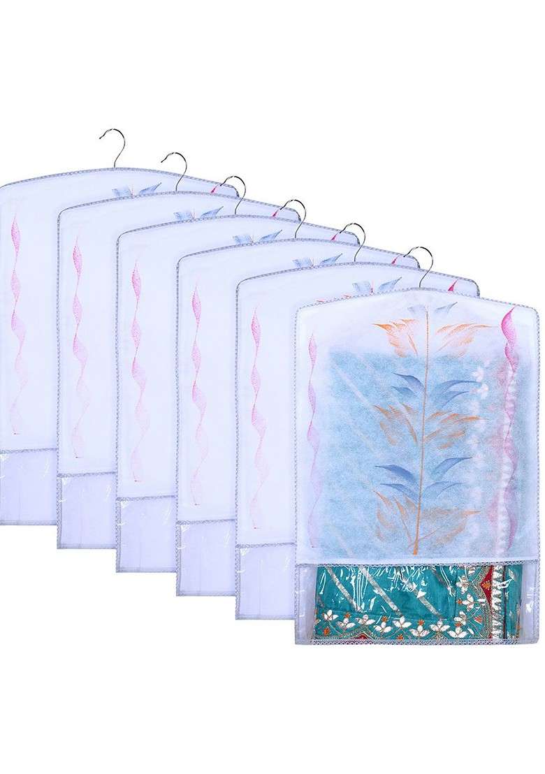 Grey And Transparent Set Of 6 Printed Hanging Saree Covers - Indya