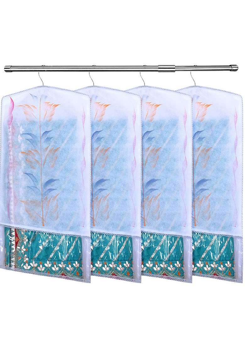 Grey And Transparent Set Of 6 Printed Hanging Saree Covers - Indya