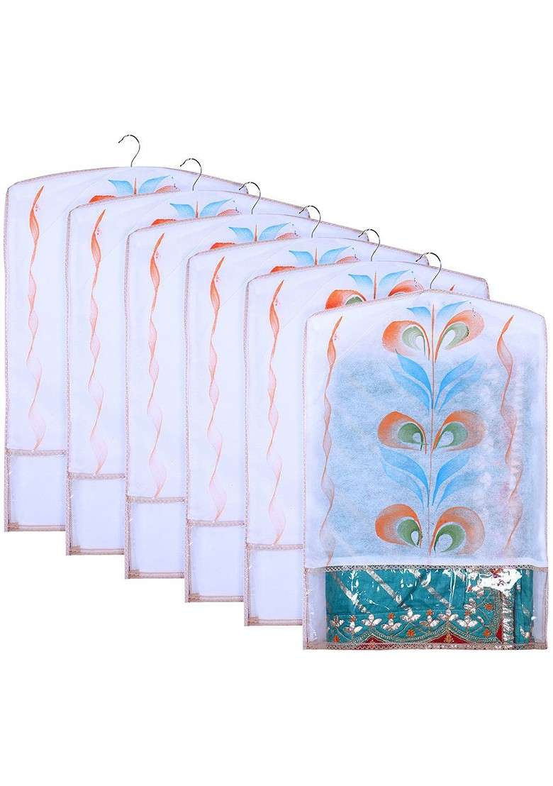 Peach Coloured And Transparent Set Of 6 Printed Hanging Saree Covers - Indya