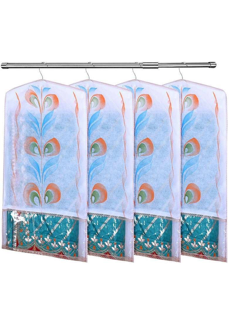 Peach Coloured And Transparent Set Of 6 Printed Hanging Saree Covers - Indya
