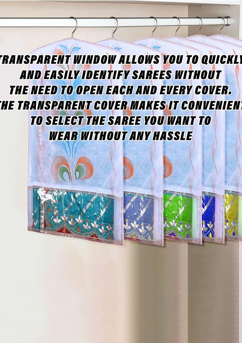 Peach Coloured And Transparent Set Of 6 Printed Hanging Saree Covers