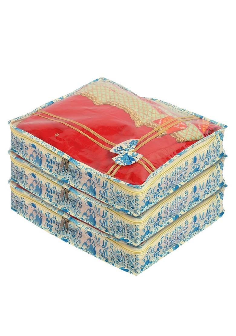 Beige And Blue 3 Pieces Printed Reusable Non Woven Saree Covers