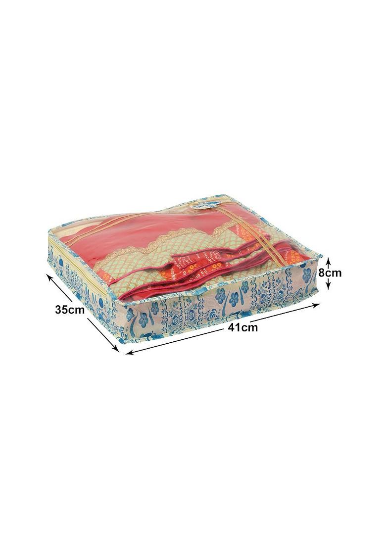 Beige And Blue 3 Pieces Printed Reusable Non Woven Saree Covers