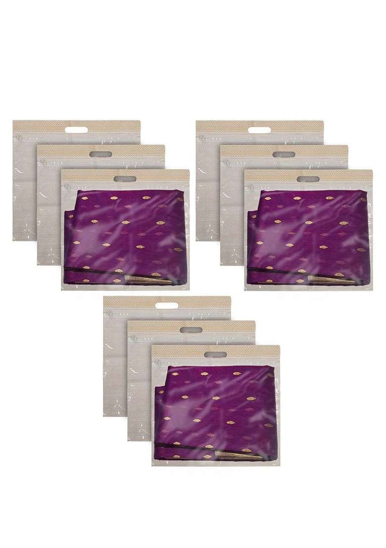 Set Of 9 Brown Printed Saree Covers With Transparent Window Organisers - Indya