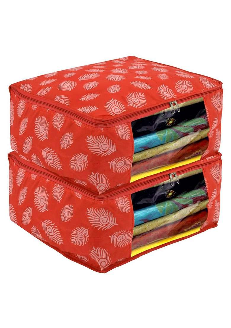 Set Of 2 Orange And White Printed Saree Covers With Transparent Window - Indya