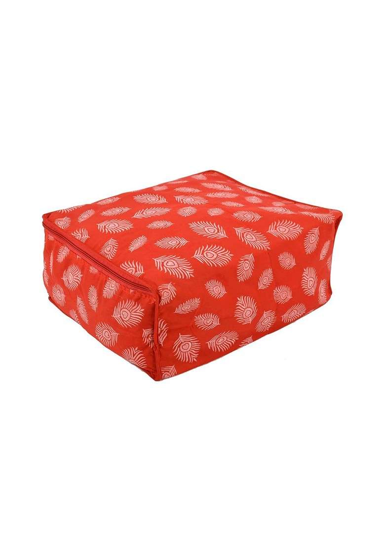 Set Of 2 Orange And White Printed Saree Covers With Transparent Window - Indya