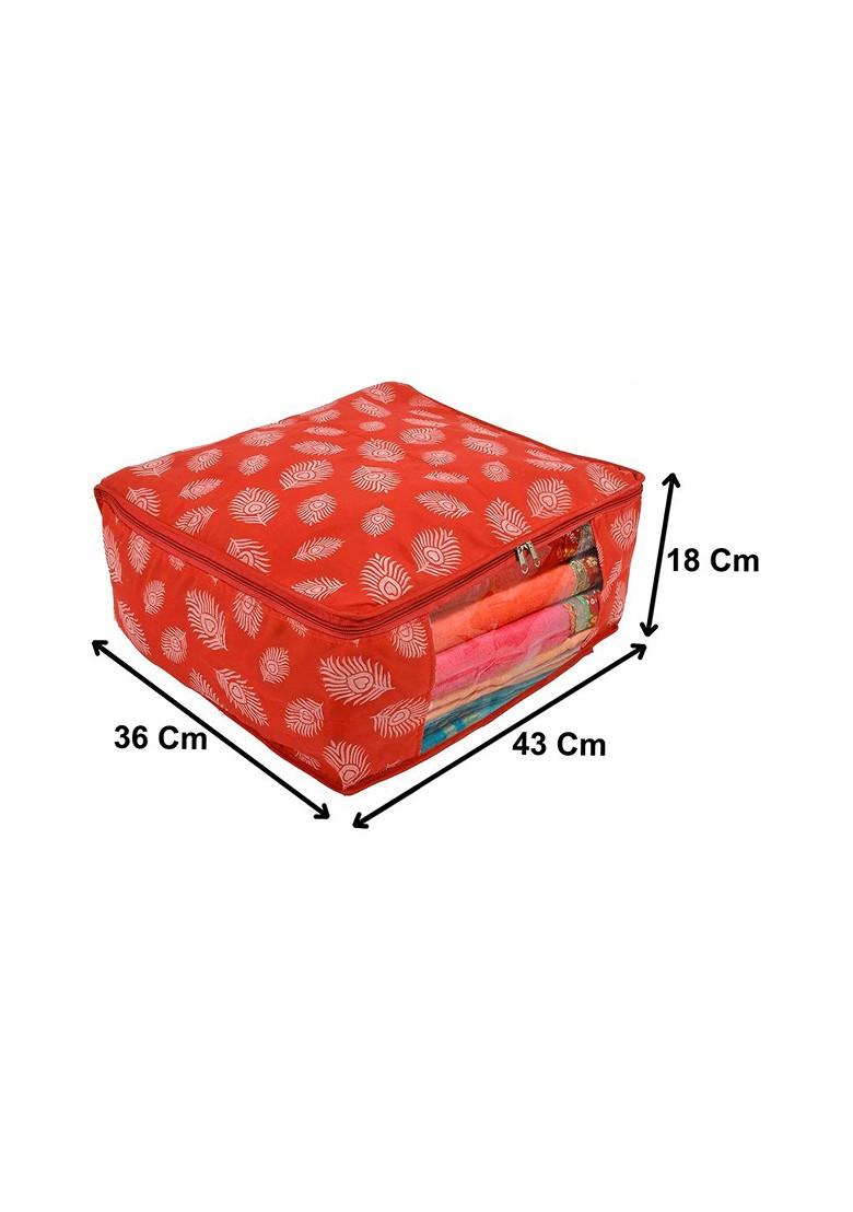 Set Of 2 Orange And White Printed Saree Covers With Transparent Window