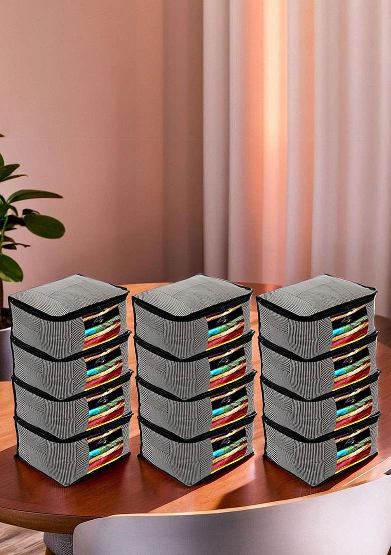 Set Of 12 Grey Printed Non Woven Saree Cover Organisers - Indya