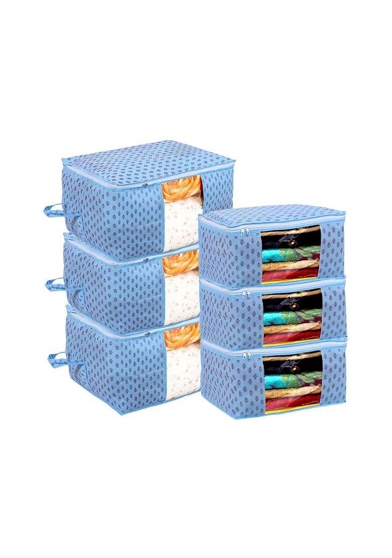 Set Of 6 Blue Printed Saree Cover Organizer - Indya