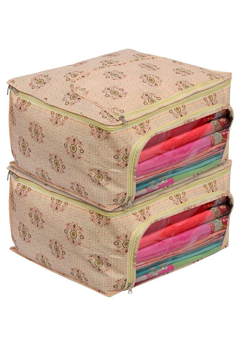 Set Of 2 Pink Floral Printed Saree Cover - Indya
