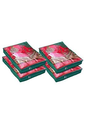 Set Of 4 Green Embroidered Saree Cover With Transparent Top