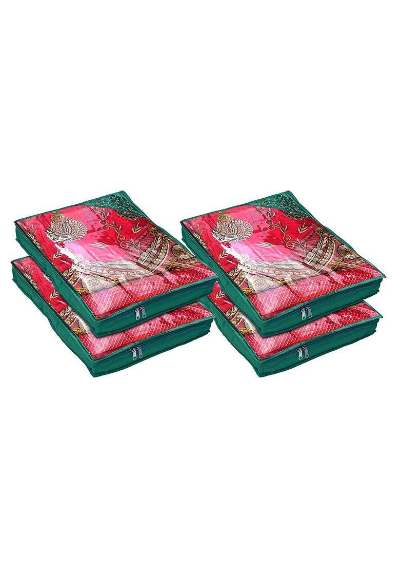Set Of 4 Green Embroidered Saree Cover With Transparent Top - Indya