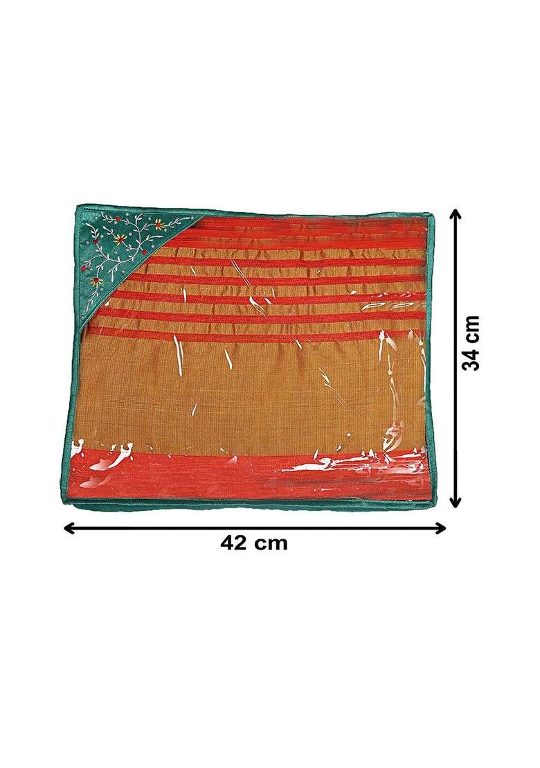 Set Of 4 Green Embroidered Saree Cover With Transparent Top - Indya