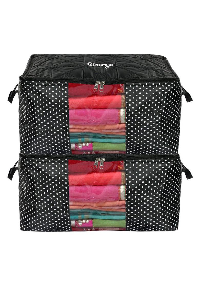 Set Of 2 Black And White Polka Dot Printed Saree Cover