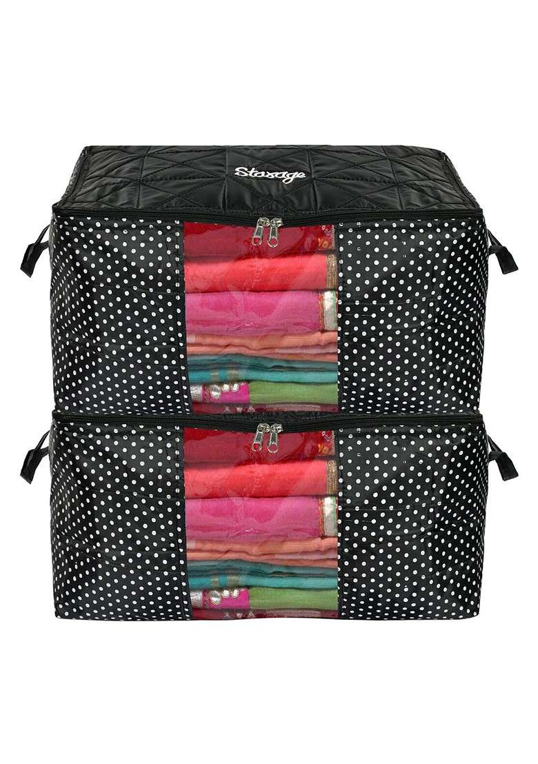 Set Of 2 Black And White Polka Dot Printed Saree Cover - Indya