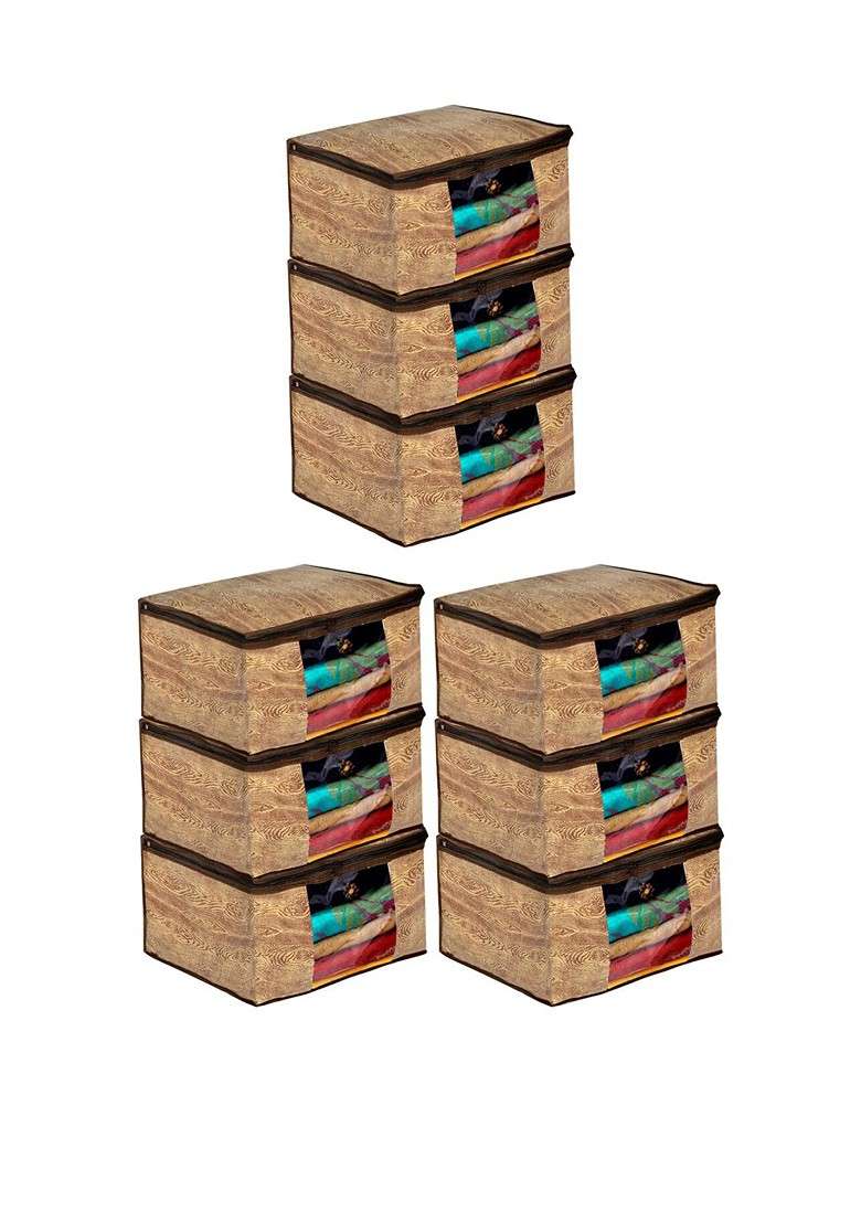 Set Of 9 Brown Wooden Printed Saree Cover Organizers - Indya