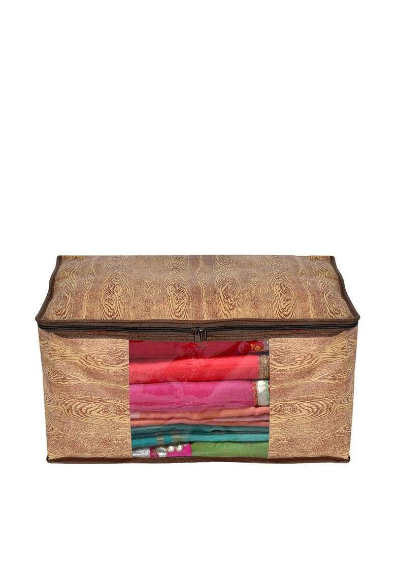 Set Of 9 Brown Wooden Printed Saree Cover Organizers - Indya
