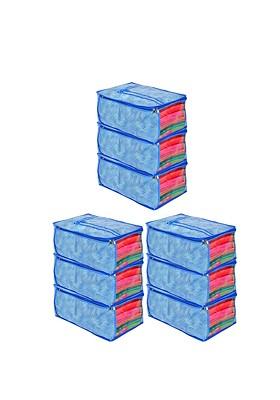 Set Of 9 Blue And White Lahariya Print Saree Cover Organizers