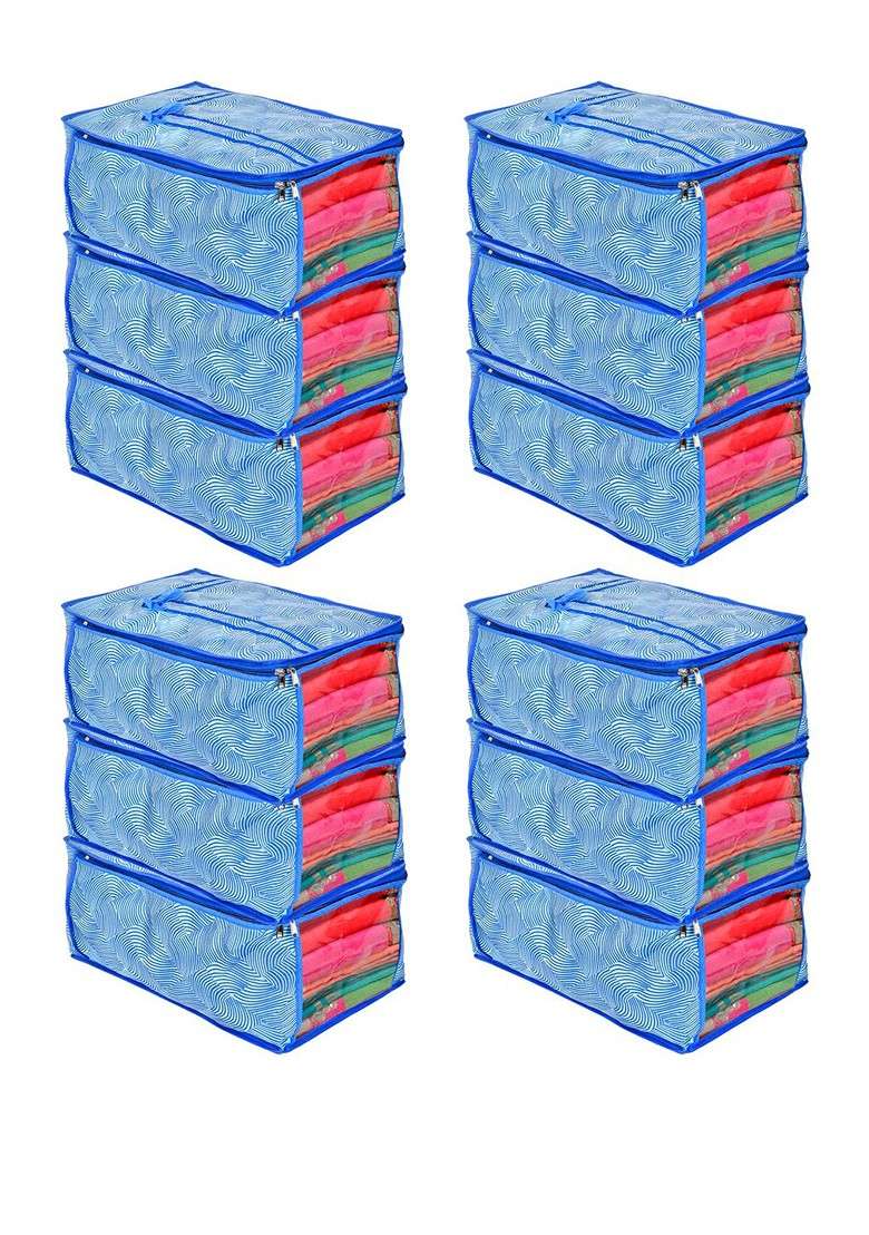 Set Of 12 Blue And White Lahariya Printed Saree Cover Organisers - Indya