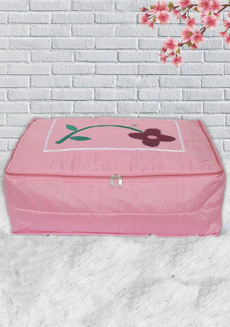 Pink And White Polka Dot Printed Satin Saree Cover Organiser