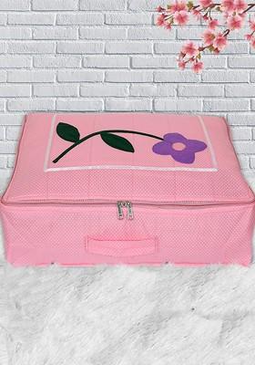 Pink And White Printed Satin Saree Cover Organiser