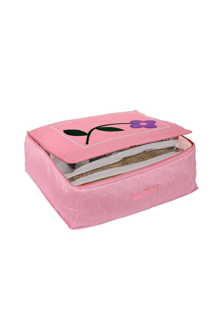 Pink And White Printed Satin Saree Cover Organiser