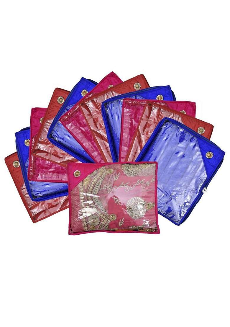 Set Of 12 Solid Silk Single Packing Saree Cover Organizers - Indya