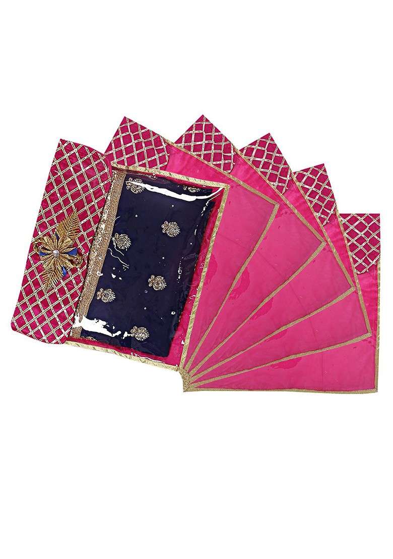 Set Of 6 Pink Silk Embellished Saree Cover Organizers - Indya