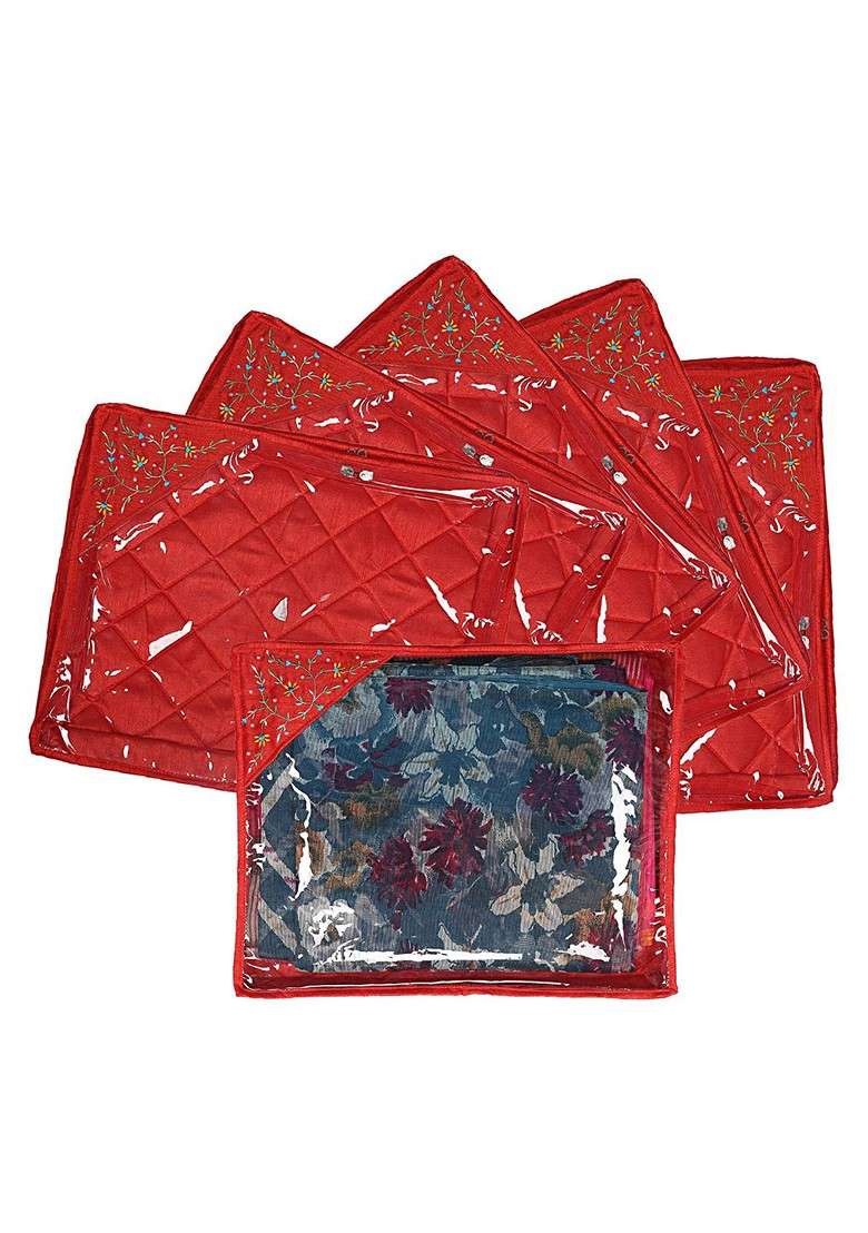Set Of 6 Red Silk Solid Saree Cover Organizers - Indya