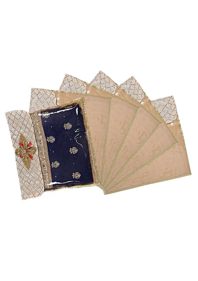 Set Of 6 Beige Silk Embellished Saree Cover Organisers - Indya