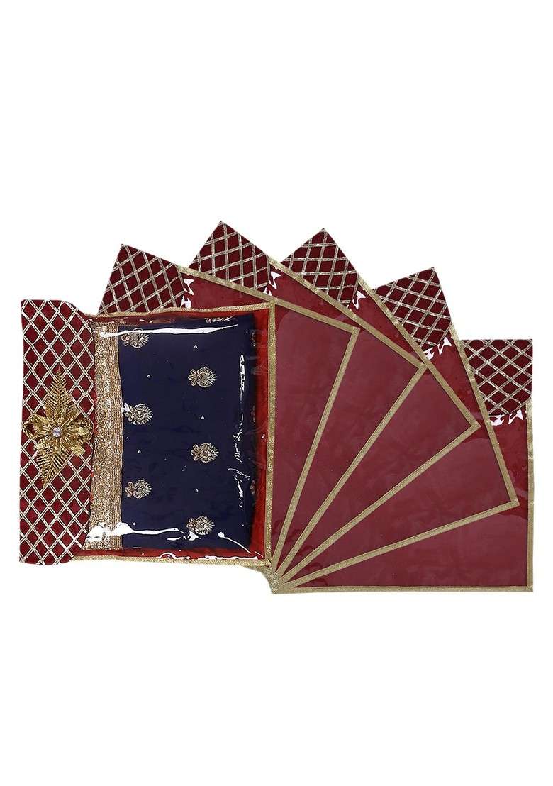 Set Of 6 Maroon Solid Single Packing Saree Cover Organizer - Indya
