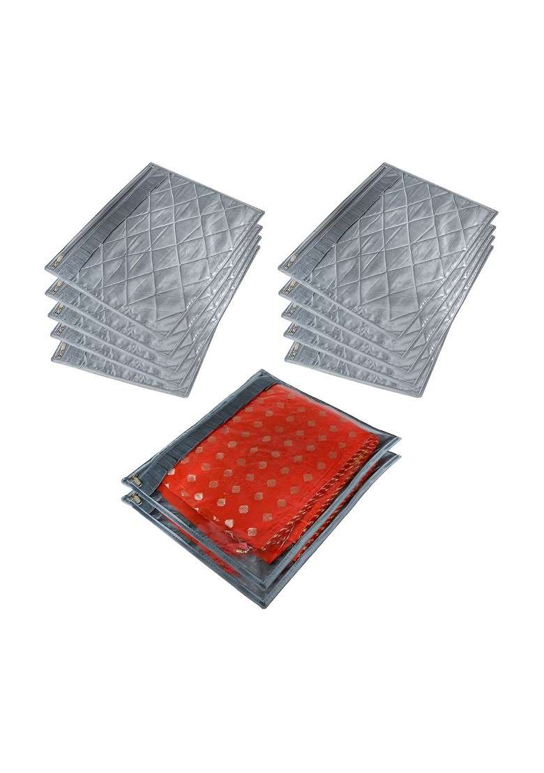 Grey Set Of 12 Reusable Saree Cover Drawer Organiser - Indya