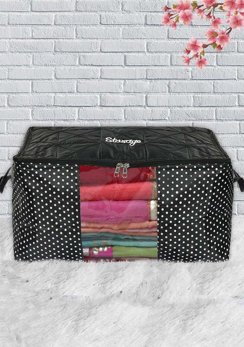 Black And White Dot Printed Saree Cover Bag With Handle - Indya