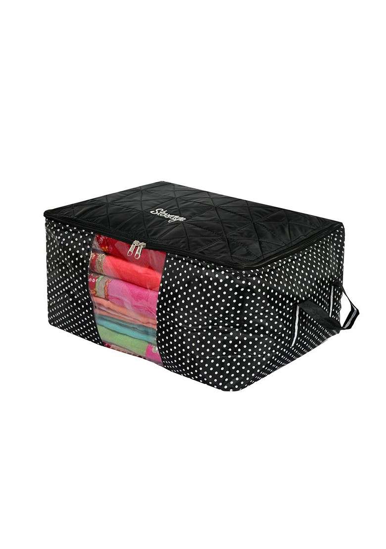 Black And White Dot Printed Saree Cover Bag With Handle - Indya