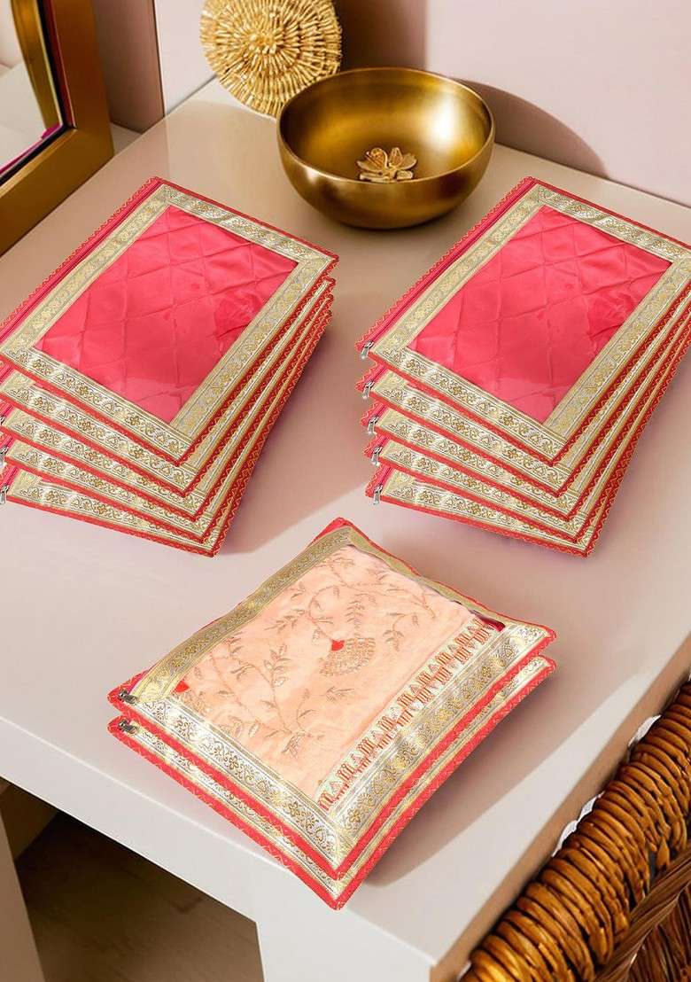 Pink And Gold Toned 12 Pieces Saree Cover Organizers - Indya