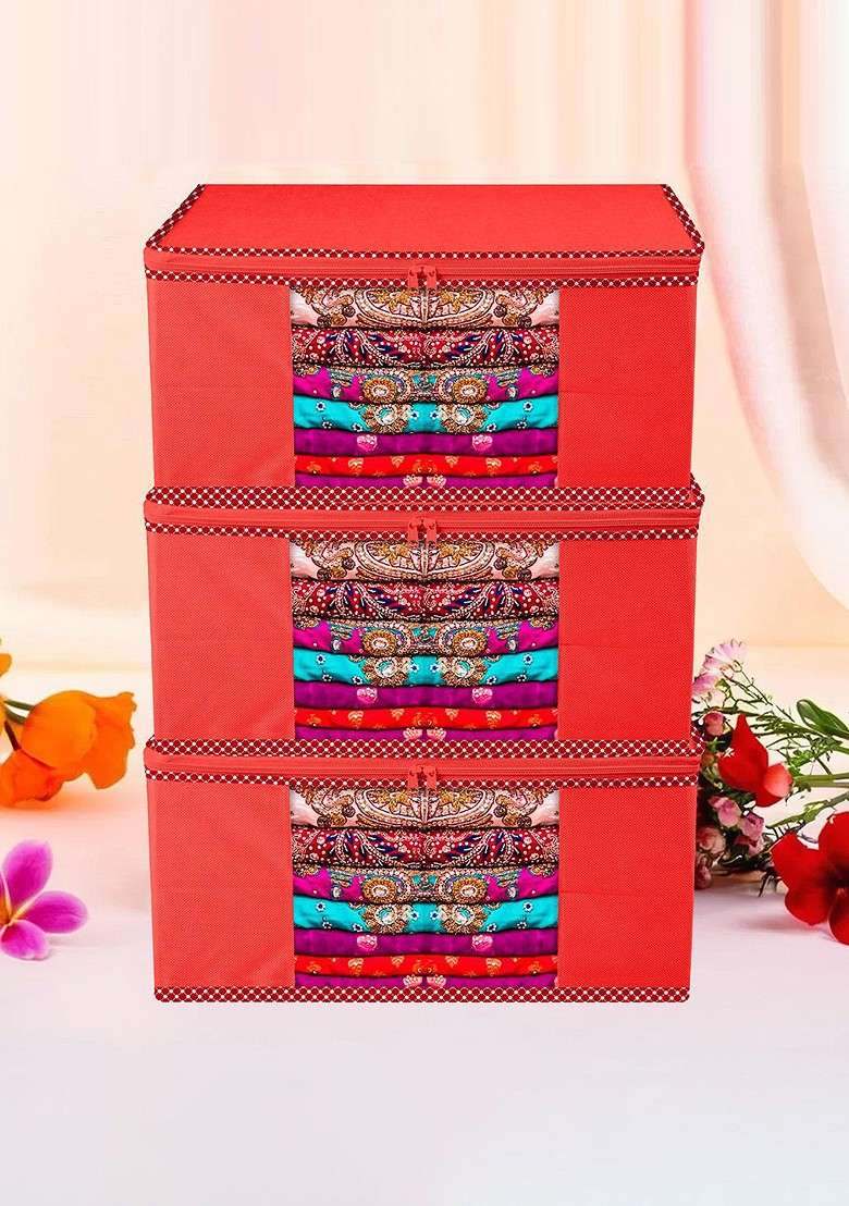 Red And Transparent 3 Pieces Printed Saree Cover With Zip - Indya