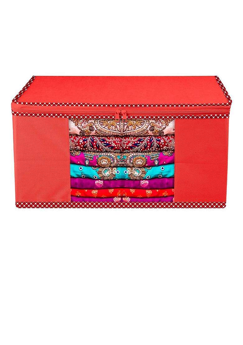 Red And Transparent 3 Pieces Printed Saree Cover With Zip - Indya